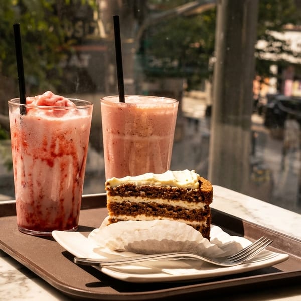 Two strawberry smoothies and a slice of layered cake on a tray by a window overlooking a street.