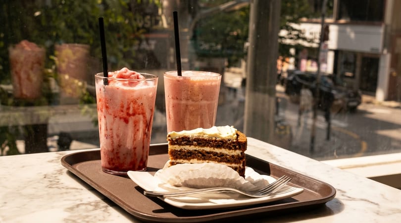 Two strawberry smoothies and a slice of layered cake on a tray by a window overlooking a street.