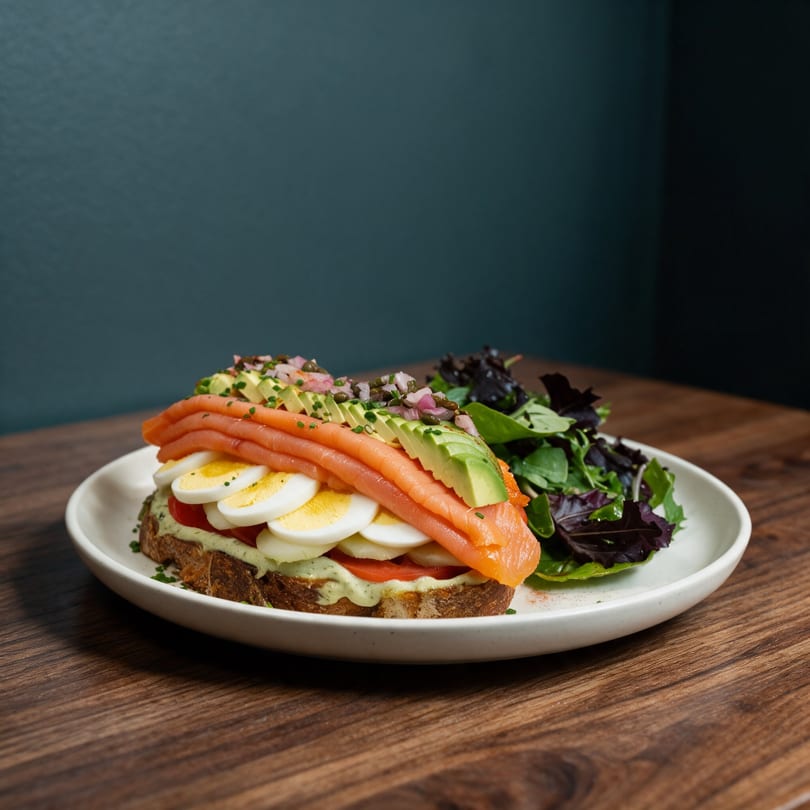 Gourmet toast topped with smoked salmon, hard-boiled eggs, avocado, and a fresh green salad.