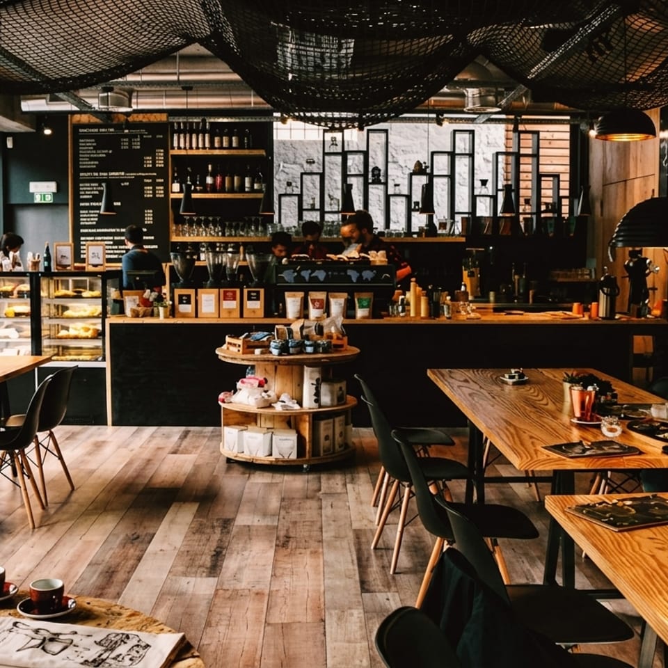 A modern coffee shop interior with wooden tables, black chairs, a counter, and customers.