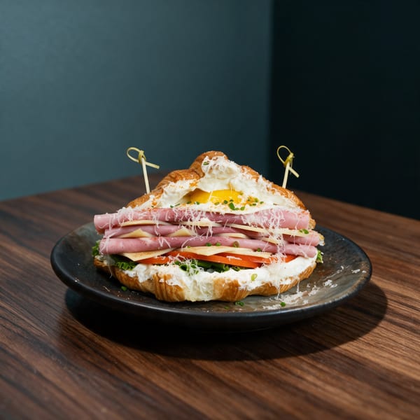 A gourmet croissant sandwich with ham, cheese, fried egg, lettuce, and tomato on a dark plate.