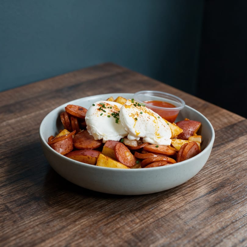 Bowl of sliced sausages, roasted potatoes, and two poached eggs on a wooden table.