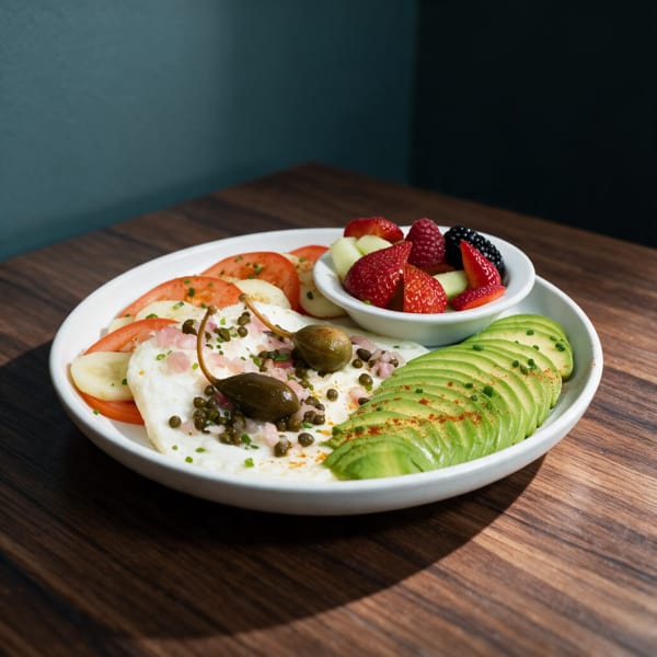 Breakfast plate with egg whites, sliced avocado, tomatoes, capers, and a side of fresh mixed berries.