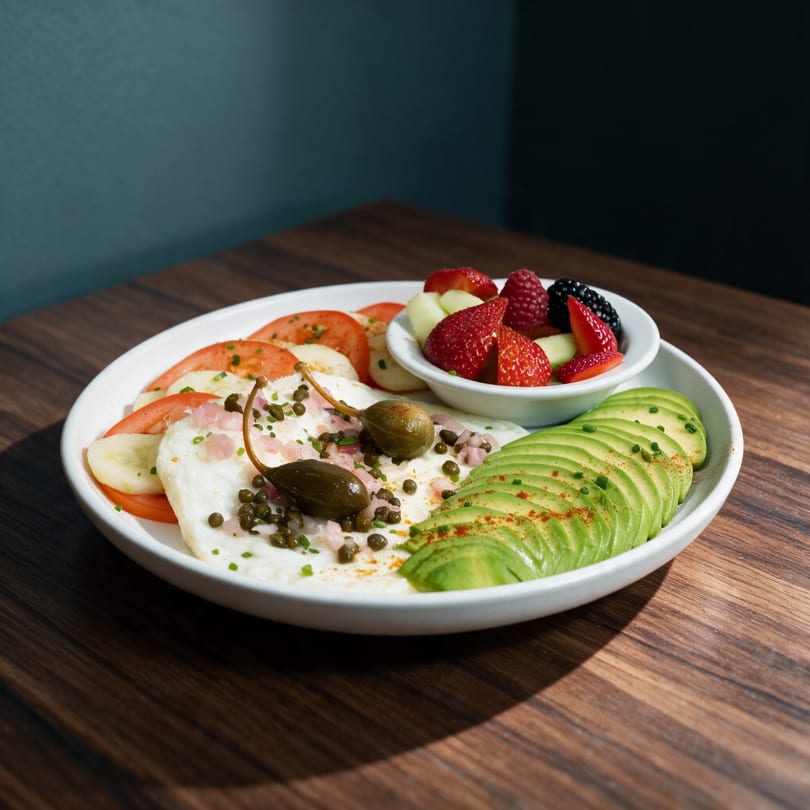 Breakfast plate with egg whites, sliced avocado, tomatoes, capers, and a side of fresh mixed berries.