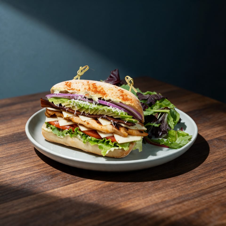 Hearty grilled chicken sandwich with avocado, bacon, cheese, and red onion, served with a fresh side salad.