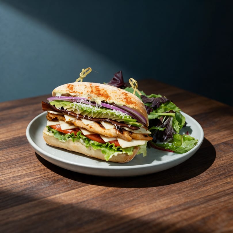 Hearty grilled chicken sandwich with avocado, bacon, cheese, and red onion, served with a fresh side salad.