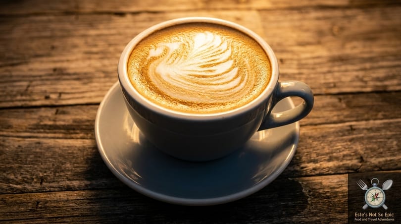 A latte with intricate swan-shaped latte art sits on a rustic wooden table.