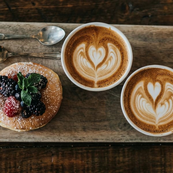 Two lattes with heart-shaped latte art and a pancake with berries on a wooden board.
