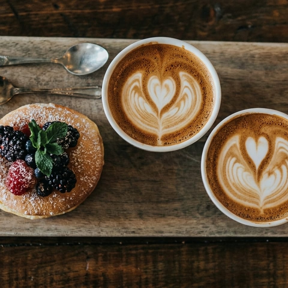 Two lattes with heart-shaped latte art and a pancake with berries on a wooden board.